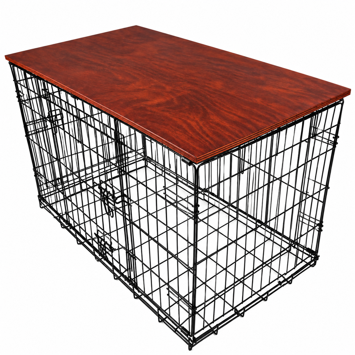 A wire dog crate with a reddish-brown wooden top, shown on a plain white background.