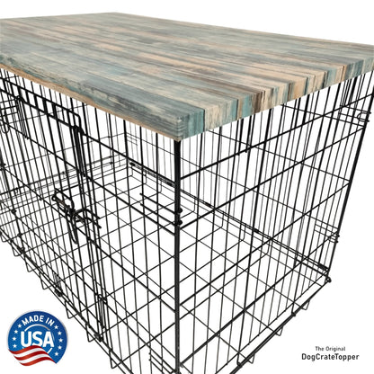 Faux Teal Wood Plank Finish | Stylish Wood Dog Crate Topper - Secure Fit, Pet - Safe Finish - dogcratetopper.com