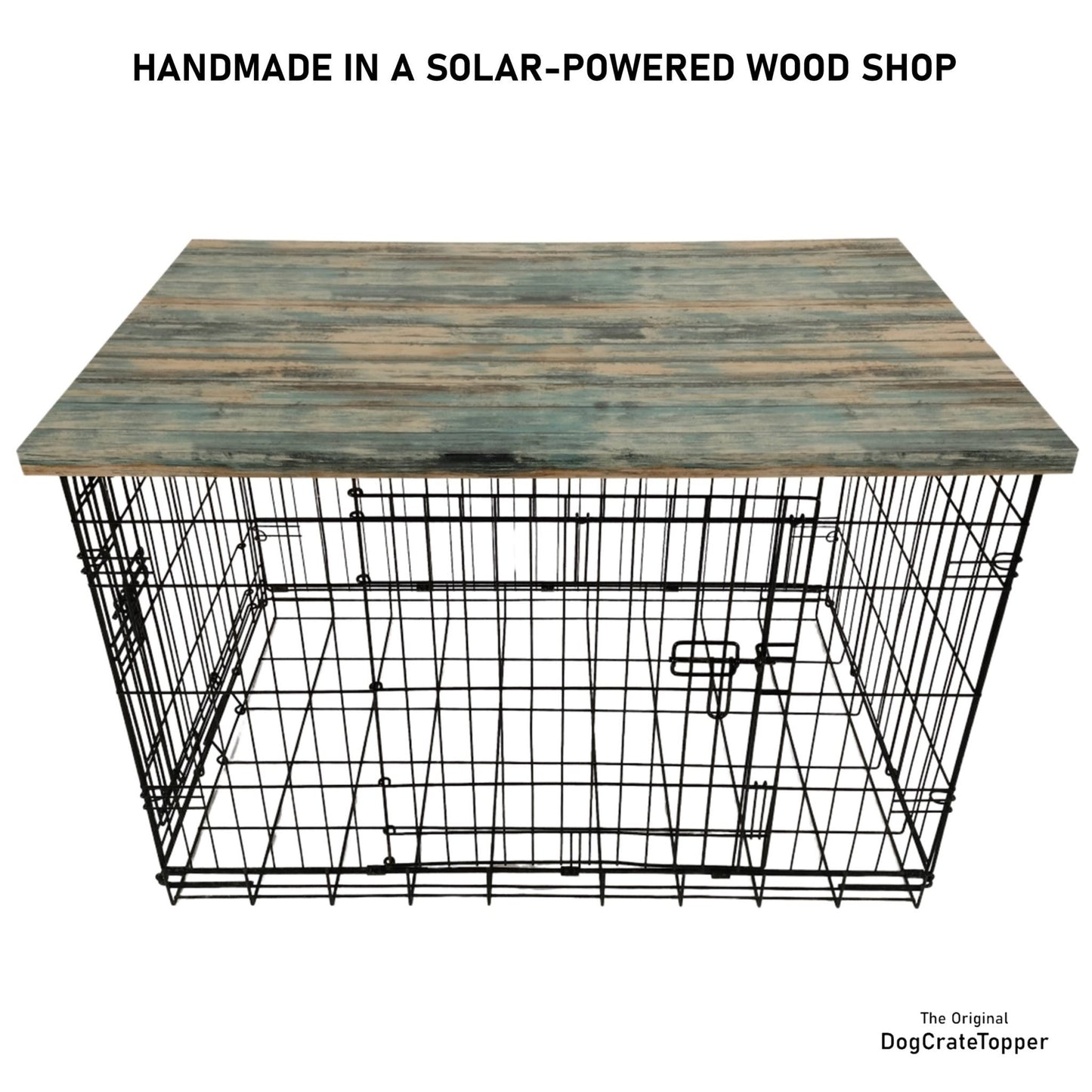 Faux Teal Wood Plank Finish | Stylish Wood Dog Crate Topper - Secure Fit, Pet - Safe Finish - dogcratetopper.com