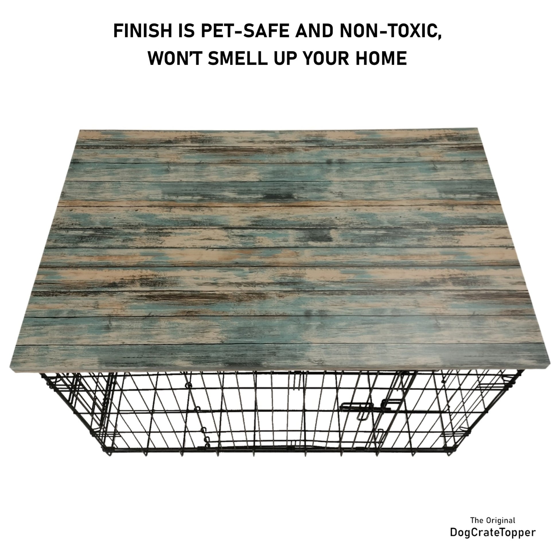 Faux Teal Wood Plank Finish | Stylish Wood Dog Crate Topper - Secure Fit, Pet - Safe Finish - dogcratetopper.com