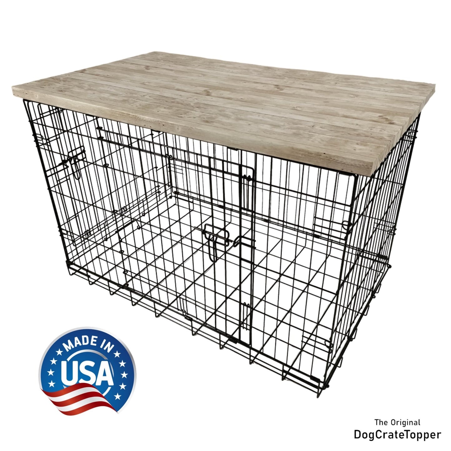 Faux White Wood Plank Finish | Stylish Wood Dog Crate Topper - Secure Fit, Pet - Safe Finish - dogcratetopper.com