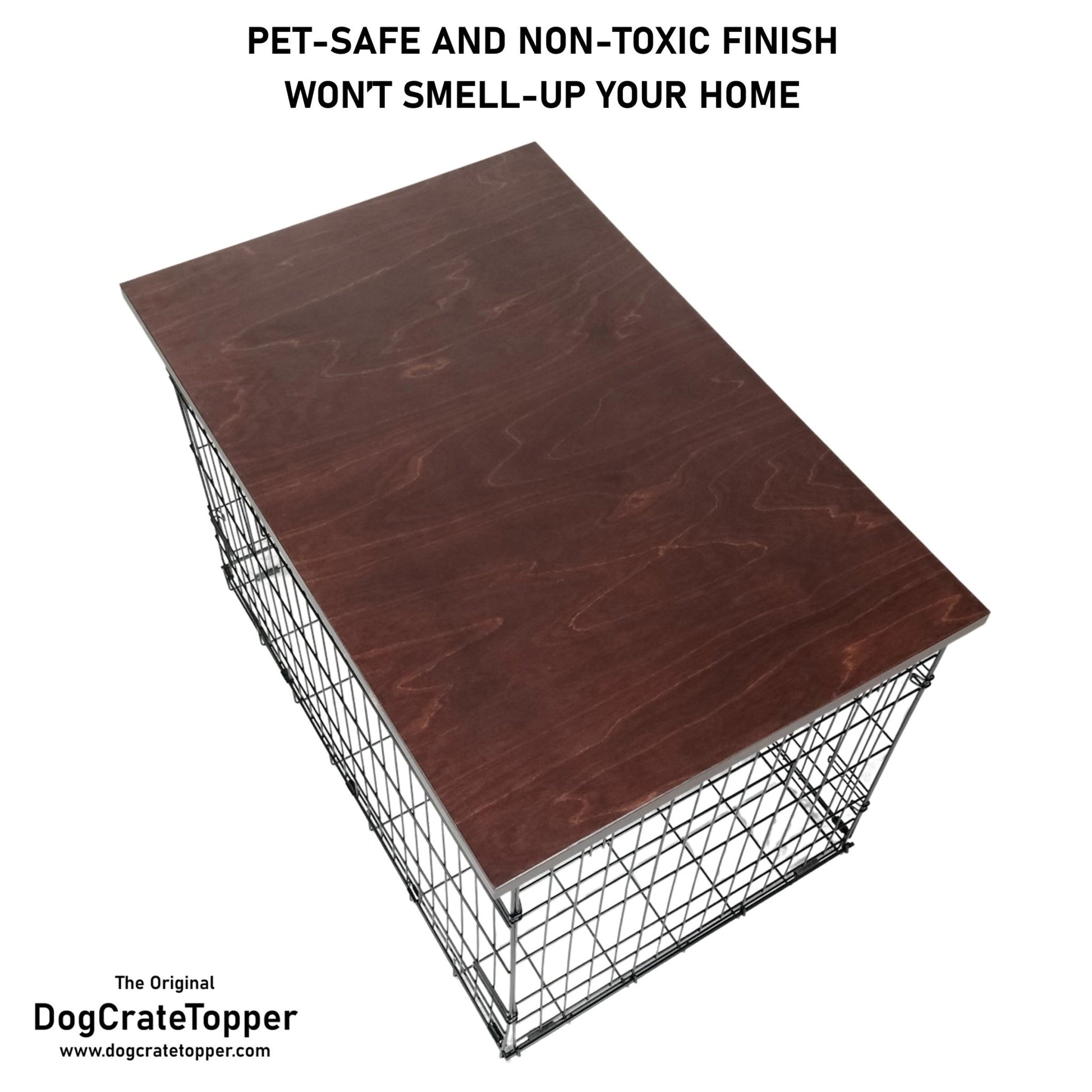 Modern Edge with Brown Mahogany Finish | Stylish Wood Dog Crate Topper - Secure Fit, Pet - Safe Finish - dogcratetopper.com