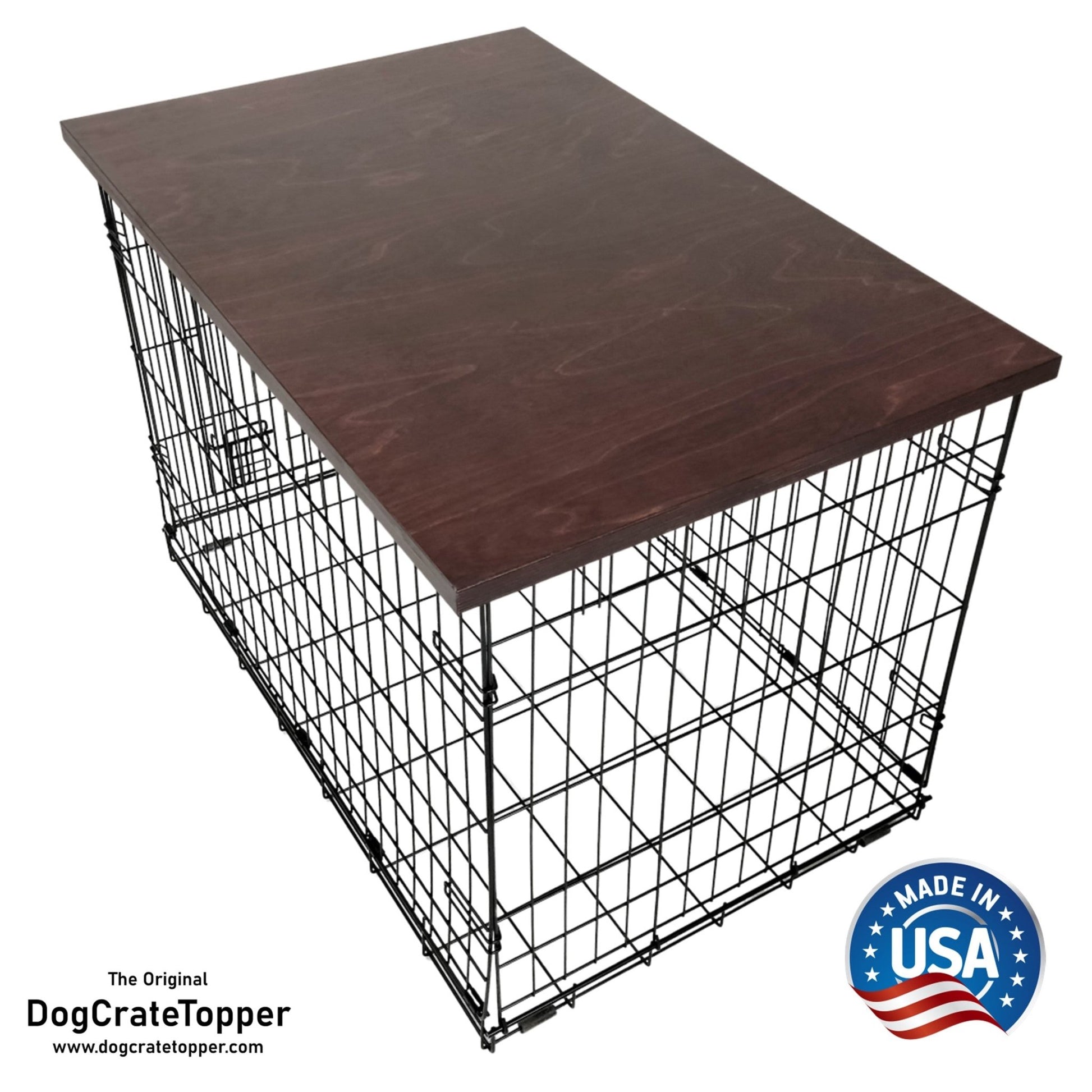 Modern Edge with Brown Mahogany Finish | Stylish Wood Dog Crate Topper - Secure Fit, Pet - Safe Finish - dogcratetopper.com