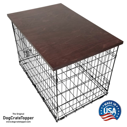 Modern Edge with Brown Mahogany Finish | Stylish Wood Dog Crate Topper - Secure Fit, Pet - Safe Finish - dogcratetopper.com