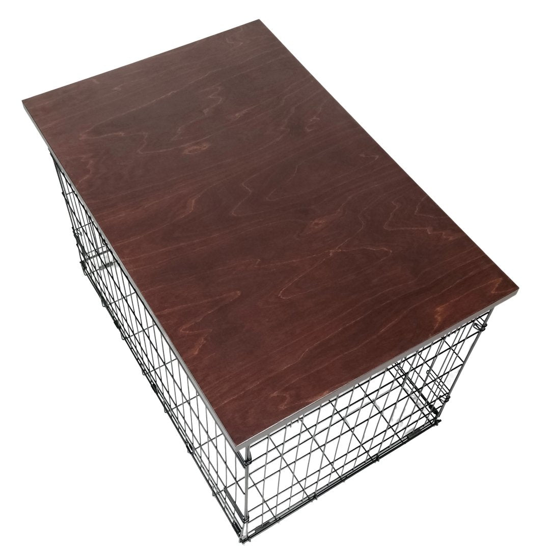 Modern Edge with Brown Mahogany Finish | Stylish Wood Dog Crate Topper - Secure Fit, Pet - Safe Finish - dogcratetopper.com